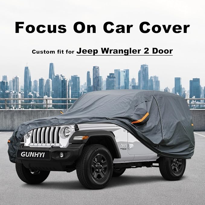 GUNHYI Premium Car Cover Custom Fit Wrangler 2 Door, 16 Layers Heavy Duty Car Cover Waterproof All Weather with Zipper Door for Sun Rain Snow Dust Uv Protection
