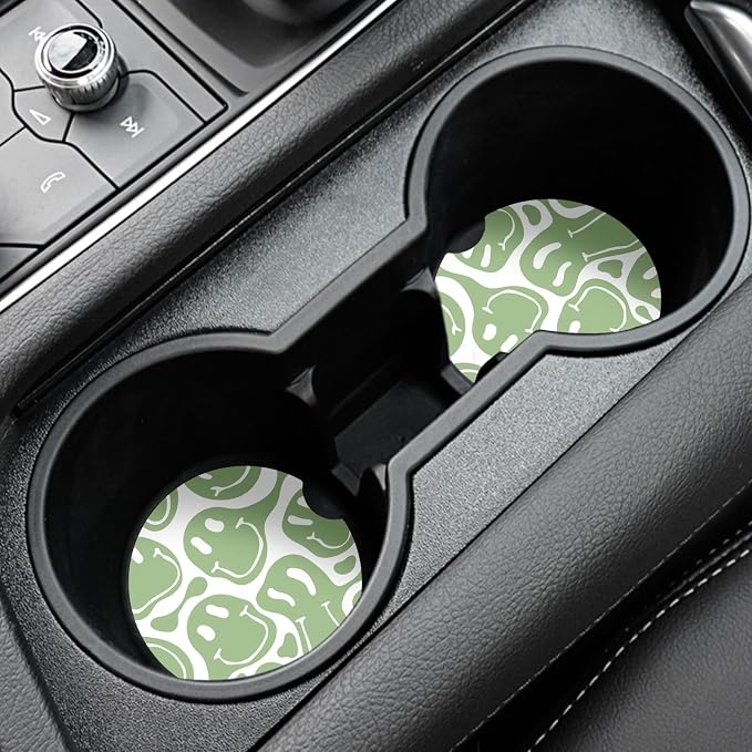 Car Coasters,Purple Smily Absorbent 2 Pack for Cup Holders with Finger Notch,2.56 inches Ceramics Heat Resistant Anti Slip Cork Base Car Drinks Coasters Auto Cup Holder(Pale Green face)