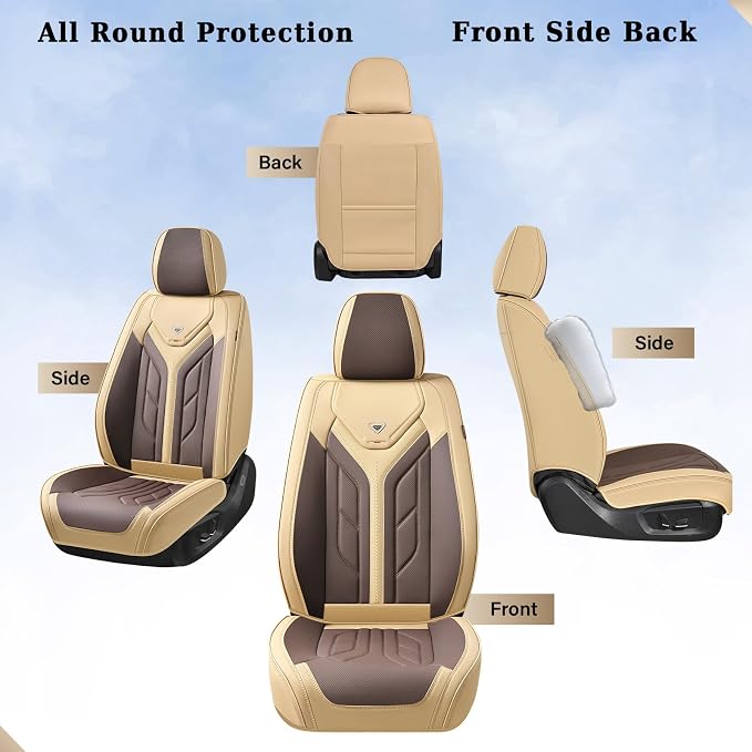 Coverado Car Seat Covers Full Set, Automotive Seat Covers Car Seat Protector Car Seat Cushion, Waterproof Leather Seat Covers for Cars, Universal Fit for Most Sedans SUV Pick-up Truck(Beige&Coffee)
