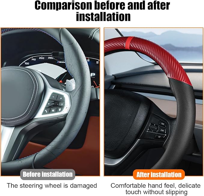 Carbon Fiber Car Steering Wheel Cover, Leather Breathable Automotive Wheel Protector, 15 Inch Anti-Slip Vehicle Interior Steering Accessories, Universal for SUV Truck Sedan (Red)