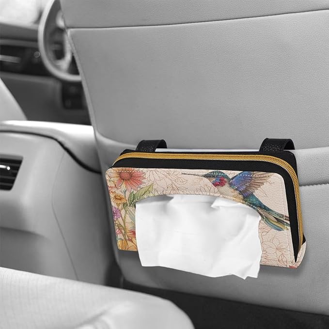 Hummingbird Bohe Flower Car Visor Tissue Holder Premium Car Tissue Box Holder PU Leather Tissues Box Cover for Car