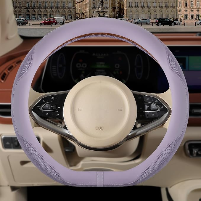 Nappa Leather Purple D Shaped Steering Wheel Cover 15 inch | Non-Slip Breathable Microfiber Leather Ice Silk Fabric, Warm in Winter and Cool in Summer Universal 14.5 inch to 15 inch