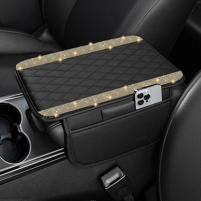 NBTEPEM Bling Car Center Console Cover, Leather Car Arm Rest Cover Cushion with 2 Storage Bags, Universal Auto Armrest Protector, Bling Accessories Interior for Most Vehicles(Champagne Diamond)