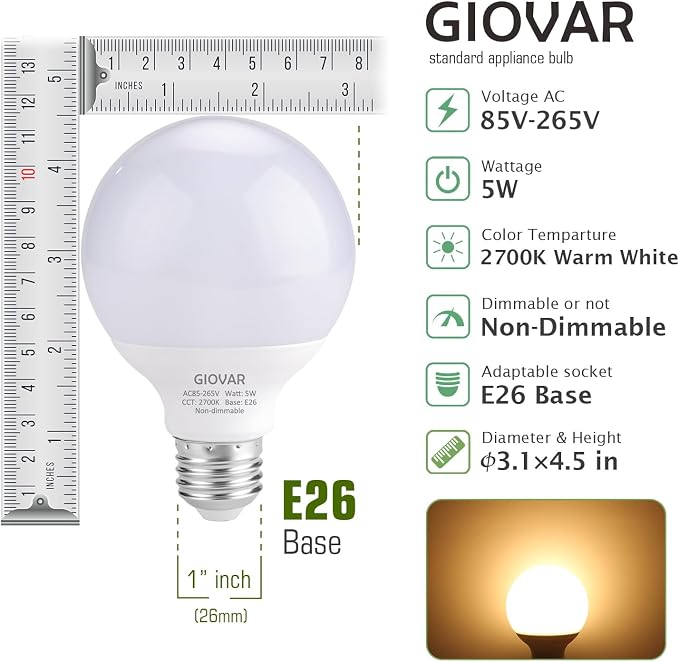 8-Pack G25 LED Vanity Light Bulbs 120V 40 Watt Equivalent, E26 Base, 2700K Warm White LED Globe Light Bulbs for Bathroom Mirror, Non-Dimmable