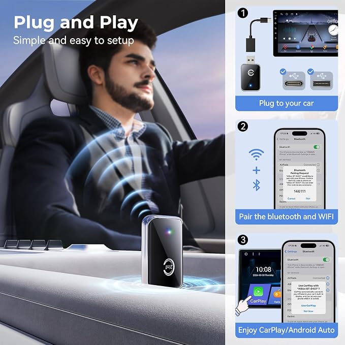 2 in 1 Wireless Carplay Adapter for iPhone, Convert Wired Car Play to Wireless for iOS 10 Android 11 and Above, Cars with Built-in Carplay (Silver)