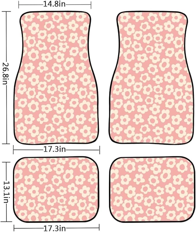 Vintage Pink Flower Print Car Floor Mats Set of 4 Cute Floral Universal Vehicle Floor Carpet Decorative Auto Front Rear Foot Rugs for Trucks SUV Sedan