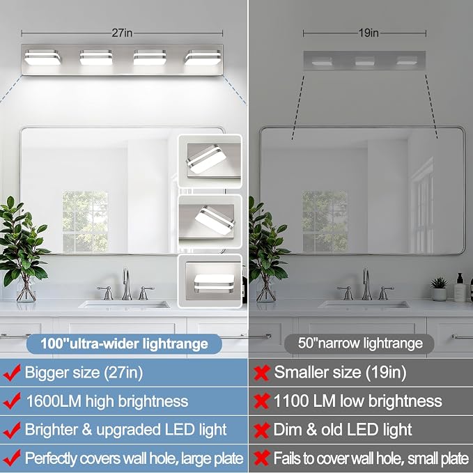 Torondo 360° Rotate LED Bathroom Vanity Light Fixtures, Acrylic Vanity Lights for Bathroom, Modern Wall Lighting Fixtures Over Mirror Living, Brushed Nickel, Natural White, 4-Light, 27-Inch