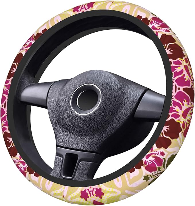 Hawaiian Hibiscus Pattern Car Steering Wheel Cover Anti-Slip Breathable and Sweat Absorption Neoprene Universal 14-15 Inch Inches Car Accessories