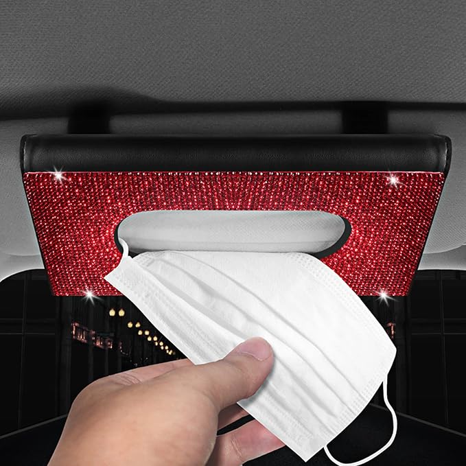 【2026 Upgraded】 Bling Car Sun Visor Tissue Box with Refills Paper Towels, PU Leather Backseat Mask Case,Crystal Sparkling Napkin Holder, Handmade Decoration Accessories for Women,Girls,Ladies as Gift