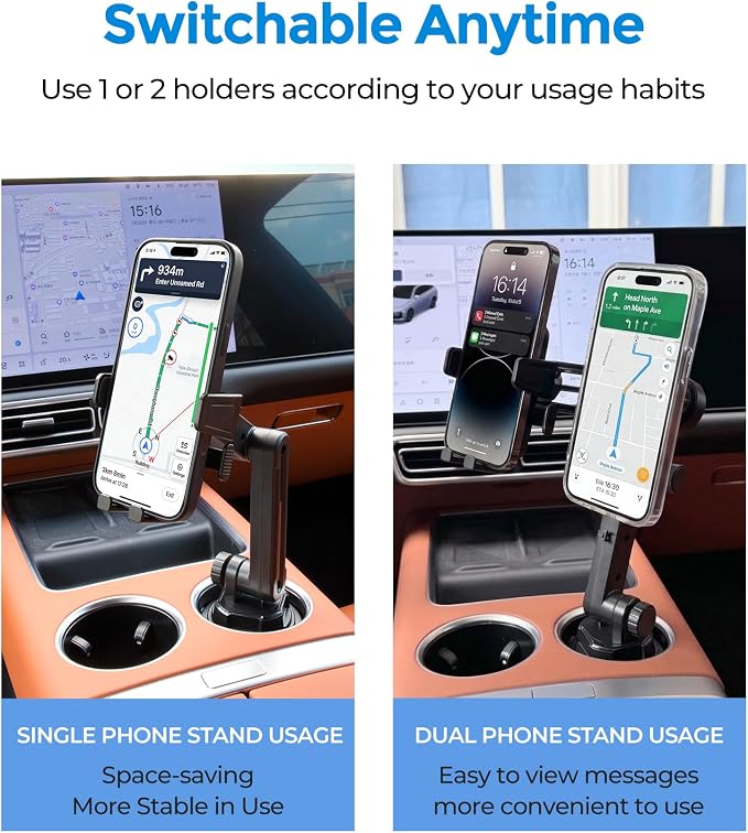 Dual Cup Holder Phone Mount for Car, MagSafe & Clamp Holder | Dual Cup Holder Phone Mount for Car, MagSafe & Clamp Holder, 360° Long Arm, Fits iPhone 12-17 & 4-7.2" Phones