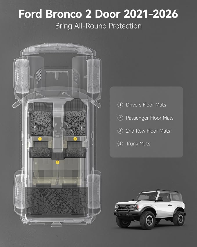 3W Floor Mats Fit for Ford Bronco Sport 2021-2025 2026 All Weather TPE Car Accessories Custom Fit Full Set Ford Bronco Sport Car Mats (Not for Bronco & Rubberized Floor & Outer Banks)