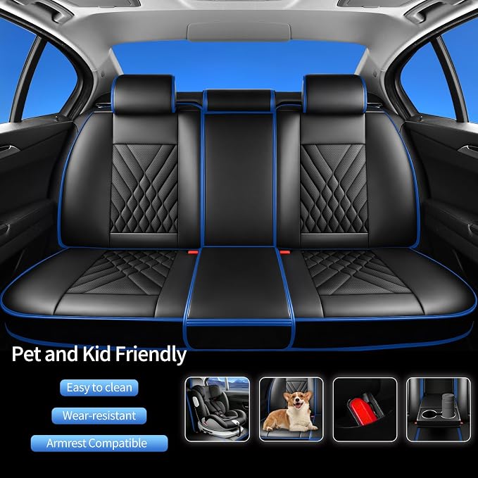 Fit Frontier Car Seat Covers Compatible with Nissan Frontier 2009-2025 2026-Premium Leather,Waterproof,Breathable,Airbag Compatible &All-Weather Seat Cushion Protecto(5 Seats Full Set,Blue)