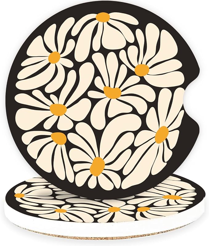 Ceramic Car Coasters – Absorbent Car Cup Holder Coaster Set for Women, Cute Aesthetic Car Accessories for Girls, 2 Pack (Raven)