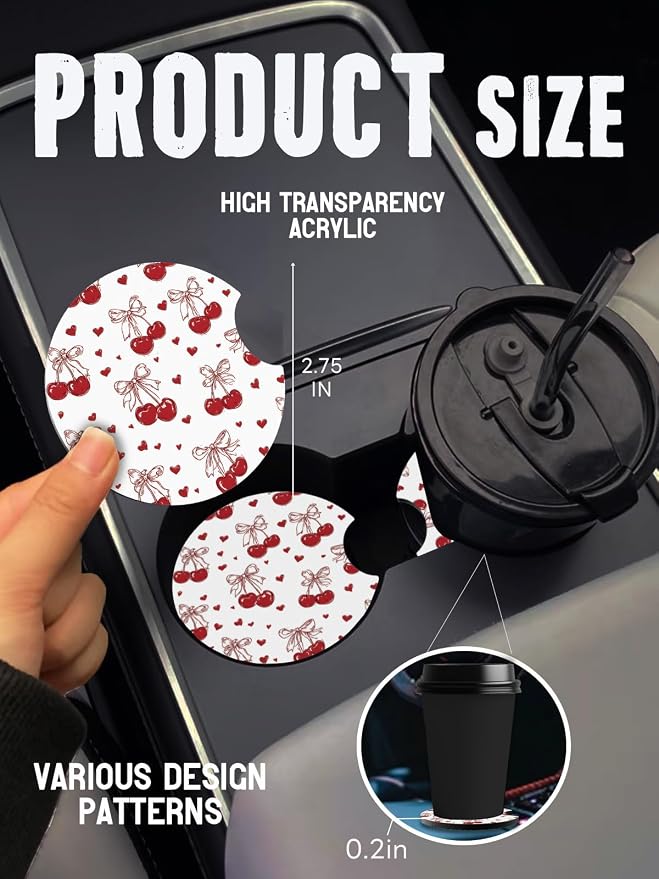 Car Cup Coasters,2 Pack Car Coaster,2.75inch Anti Slip and Absorbent Cars Coasters for Cup Holders,Car Accessories for Women,Cute Decor for Women (Bowknot Cherry)