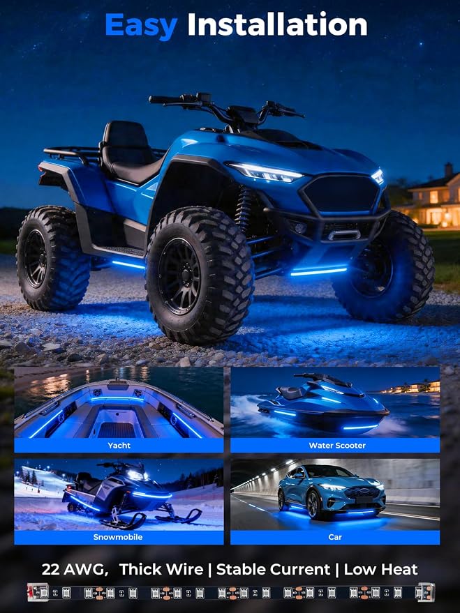 Car LED Strip Lights IP68 Waterproof Cuttable 12inch Blue 4 Pcs | 12V Footwell & Underbody Lights, 18pcs 5050 SMD, interior & exterior light, fits SUVs, trucks, motorcycles, boats, golf carts