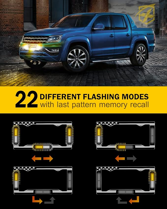 Xprite 36 LED License Plate Strobe Light, US Flag Front/Rear Utility Lights, 22 Modes Caution Frame for Construction Towing Snow Plow Pickup Work Trucks Cars - White Amber (w/Pre-Installed 9FT Cable)