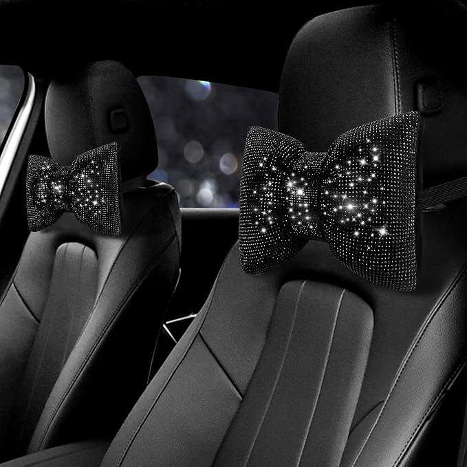 surpassme 2PCS Rhinestone Car Headrest Neck Pillow for Driving with Bling Bling Crystal Bow Pillow Car Accessories for Women (Black)