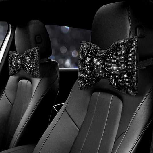 surpassme 2PCS Rhinestone Car Headrest Neck Pillow for Driving with Bling Bling Crystal Bow Pillow Car Accessories for Women (Black)