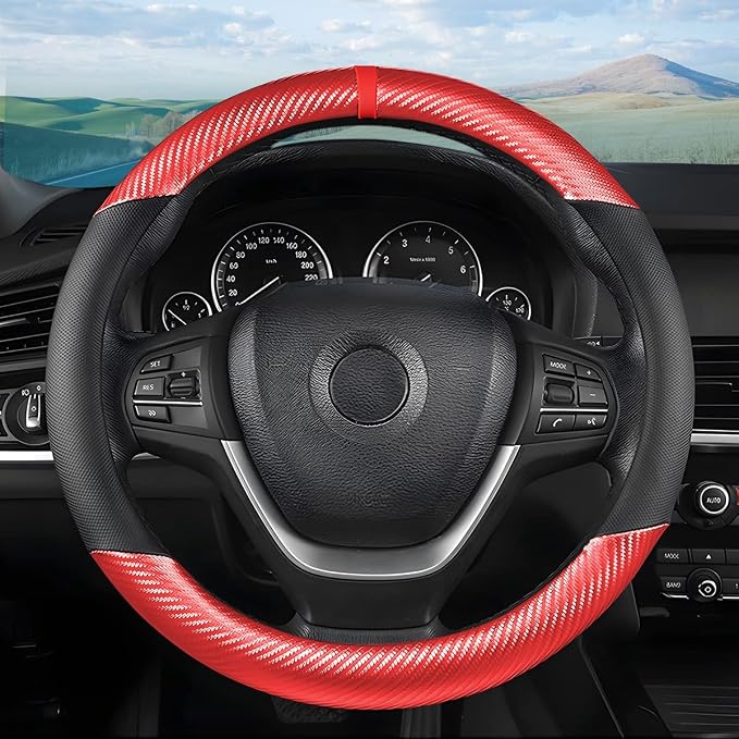 Osilly Car Steering Wheel Cover, 15 inch Anti-Slip Steering Wheel Protector, Carbon Fiber & Microfiber PU Leather Steering Wheel Cover for Women and Men, Universal Fit for Most Vehicles (Red)