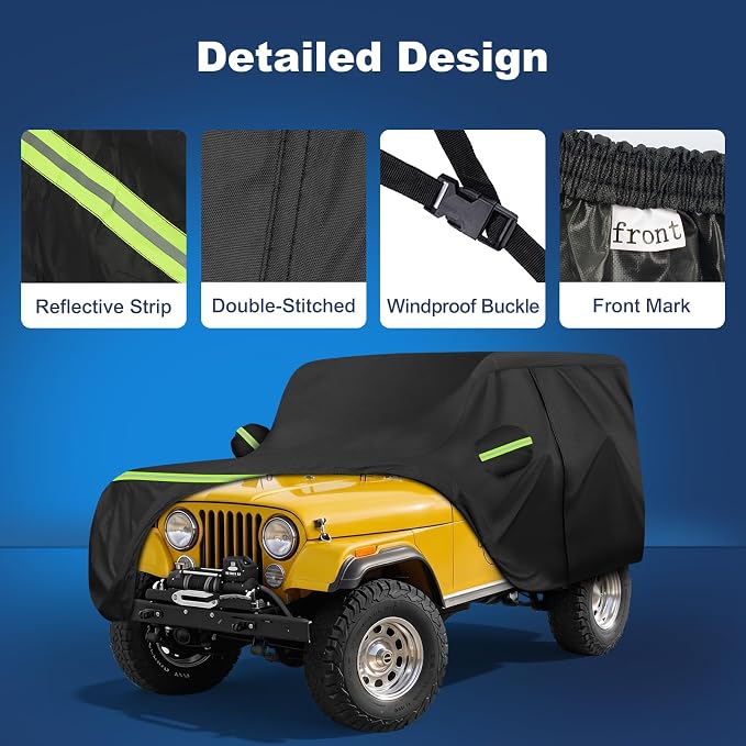 QUNSUNUS Car Cover for Jeep CJ7 Waterproof with Cotton Inner, Zipper, Strap | Heavy 420D Oxford Outdoor All-Weather CJ7 Covers, with Elastic Hems and Double-stitched Seams, for Dust, Sun, Wind Protection