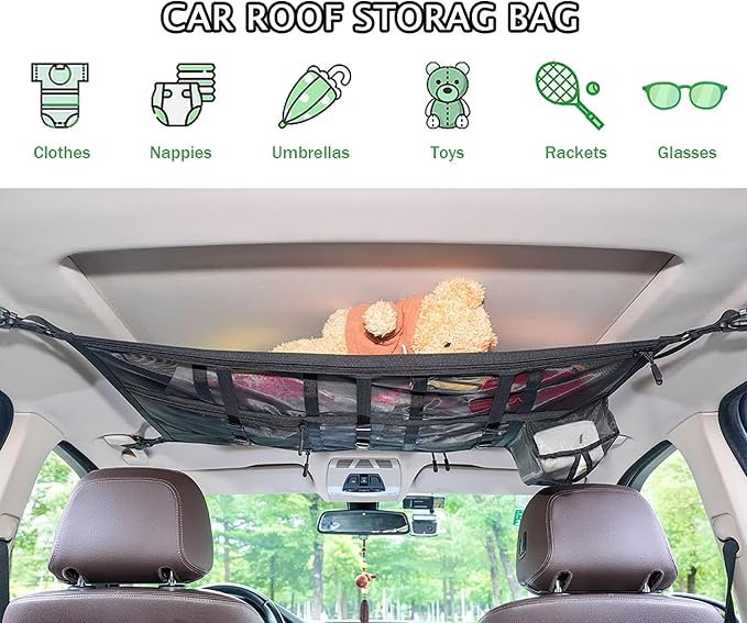 Car Ceiling Cargo Net Pocket 31"x21" Double-Layer Roof Storage for SUV Van | Heavy-duty nylon 31"x21" double-layer ceiling net, fits 4-handle SUVs & vans, holds gear for camping, road trips & van life