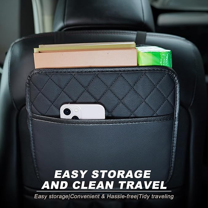 DXNQ Car Seat Back Organizer, Large Capacity Foldable Car Seat Back Hanging Bag with 3 Extra Pockets, Waterproof Leather Auto Seats Storage Organizer, Car Travel Essentials Accessories (Black)