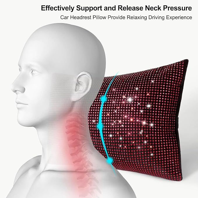 surpassme 2PCS Rhinestone Car Headrest Neck Pillow for Driving with Bling Bling Crystal Bow Pillow Car Accessories for Women (Red)