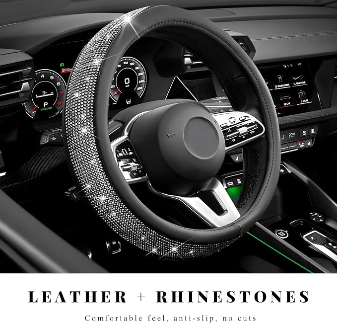 Diamond Leather Steering Wheel Cover, 15 Inch Bling Crystal Rhinestone Anti-Slip Wheel Protector, Universal Sparkling Elegant Diamond Steering Wheels Cover for Women Girl (Black)