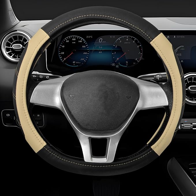 Sport Leather Steering Wheel Cover, 14.5-15 Inch Breathable Auto Steering Wheel Protector with Anti-Slip Lining, Soft Comfortable Leather Wheel Protector for Cars Trucks SUVs (Black & Beige)