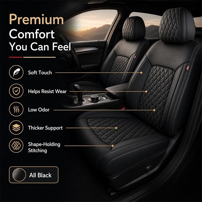 Black Thick Nappa Leather Automotive Front Car Seat Covers Set of 2 | Univerasal Precision Fit,3D Contoured,Waterproof,ThickTexture Nappa Leather,for most Suvs Trucks Sedans