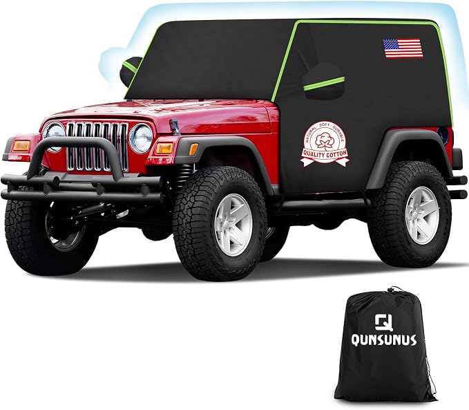 QUNSUNUS Cab Cover for Jeep YJ TJ 2 Door, Half Car Cover with Cotton Liner, All Weather Waterproof Rain Cover with Straps for Wind, Sun, UV and Dust Protection