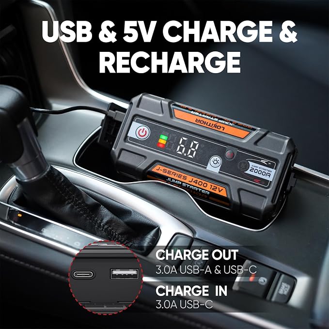 LOKITHOR J400 Jump Starter - 12V 2000A Lithium Battery Jump Pack, Portable Jump Box, Car Starter, Jumper Cables - for Up to 8.0L Gas & 6.0L Diesel Engines | ConnectMax Tech - Smart Digital Display