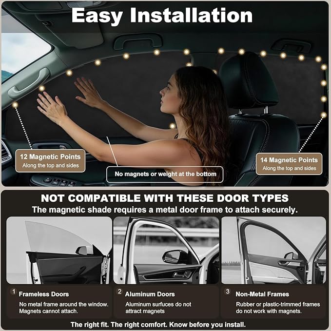 XCBYT Magnetic Car Side Window Shades, 100% Blackout Soft Suede, 4 Pack | Heat & UV protection, Privacy for camping, baby sleep, work break, road trip. Fits steel frames only, measure size before buy