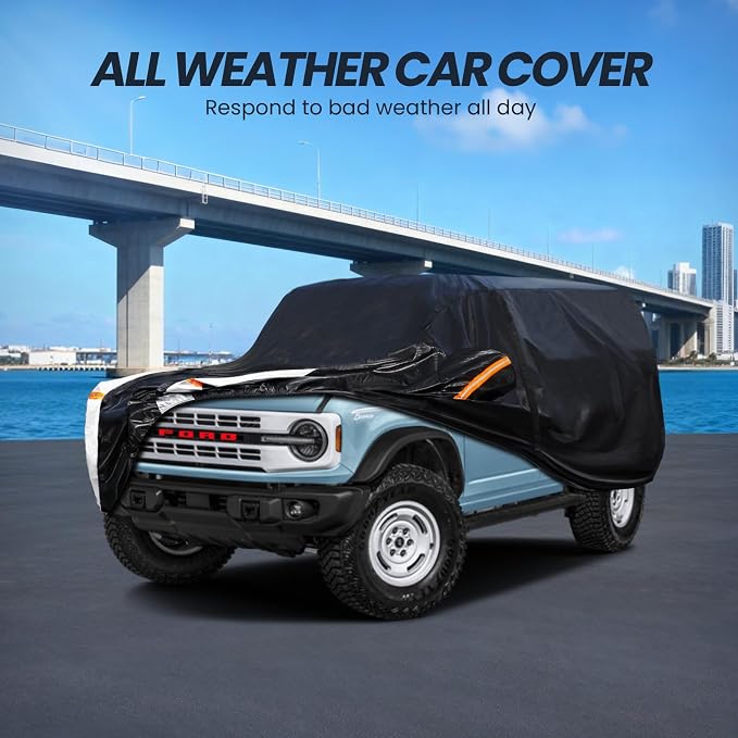 Multi-Layer Car Cover Custom Fit for Ford Bronco 4dr(2020-2026), 100% Waterproof All Weather for Automobiles, Gift with Towel, Heavy Duty Car Covers for Rain Sun UV Protection with Door Zipper