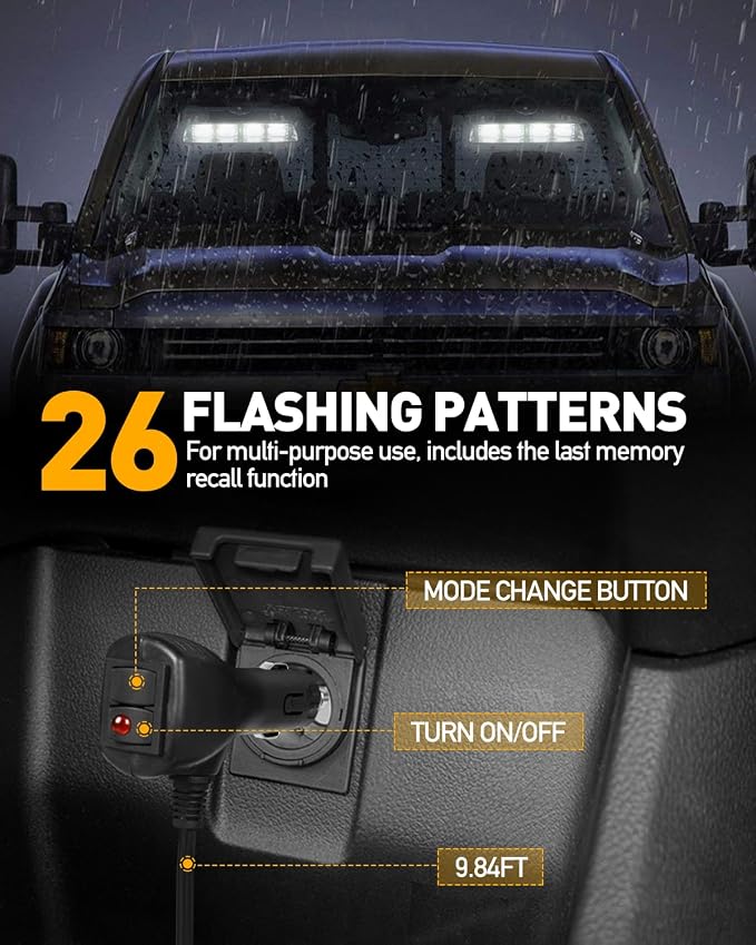 HLauto 2002L Emergency Dash Strobe Lights: White Safety Lights, Flashing Warning Hazard Windshield Visor Traffic Light Bars for Trucks, Construction Vehicles (2x8.5 inch, 48LED)