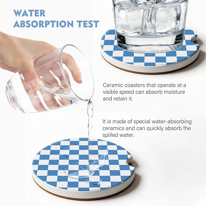 2 Pack Car Coasters for Cup Holders, Absorbent Ceramic Cup Coaster with Cork Base and Finger Notch, Cute Car Accessories Interior for Women Men (Grid-Blue)