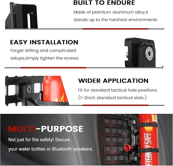 ZHILXN Aluminum MOLLE Panel Fire Extinguisher Mount Kit for 1-2in Slot Hole | Quick Release Car Fire Extinguisher Bracket to Tactical Rigid Panel, Fit MOLLE Panel Accessories for Truck Vehicles, 4 Clamps
