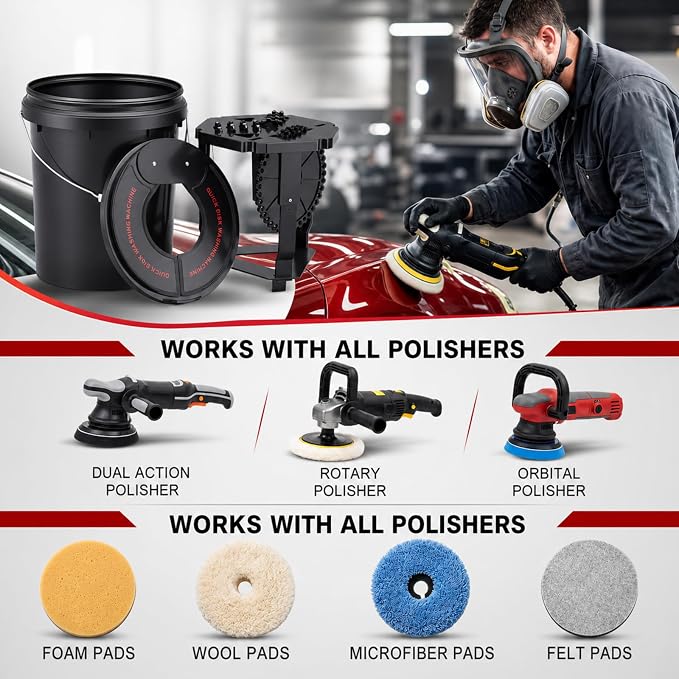 Outus Polishing Pad Washer Kit, Universal Car Pad Clean Bucket Set with Wash Grid & Splash Guard, Compatible with Da Rotary Orbital Polisher Foam, Wool, Microfiber, Felt Disc, Car Detailing Accessory