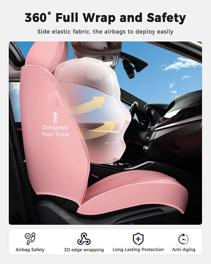 Huidasource Seat Covers Full Set, Universal Fit for Cars SUVs Trucks, Pink | Full Coverage Leather Car Seat Cover, Airbag, Cupholder Compatible, Seat Function Retain, Velcro Adjustable