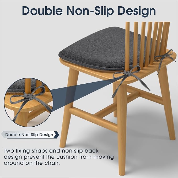 TushGuard Chair Cushions, 4 Pack Memory Foam Chair Pads, Thin Seat Cushion, Kitchen Chair Cushions Set of 4, Anti-Slip Backing & Fixed Straps, 1.4 in Thick, Grey