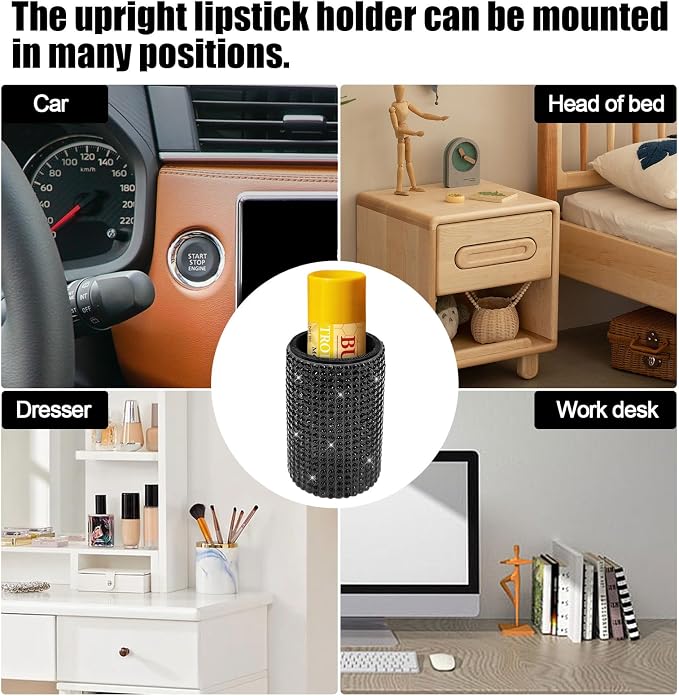 Upright Car Chapstick Holder, Bling Insulating Lip Balm Holder,Rhinestone Car Accessories for Women Interior ,Suitable for Most Vehicles. (Black)