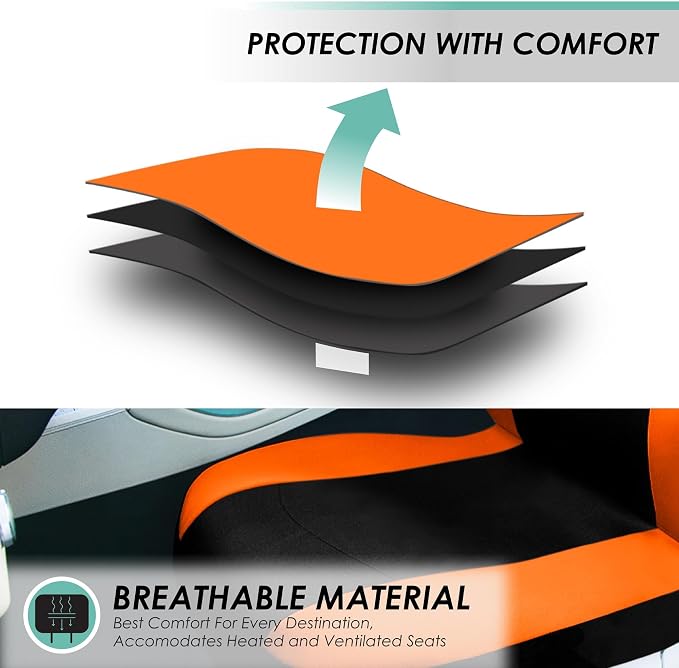 FH Group Full Set Cloth Car Seat Covers , Universal Fit combo, Low Back Front Seat Covers, Airbag Compatible, Split Bench Rear Seat, Washable Seat Cover for SUV,Sedan,Van Orange