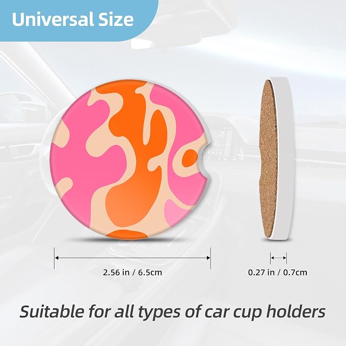 2 Pack Car Coasters for Cup Holders, 2.56" Universal Absorbent Ceramic Stone Car Cup Holder Coasters with Non-Slip Cork Base, Car Interior Accessories for Women Men(Pink Modern Abstract)