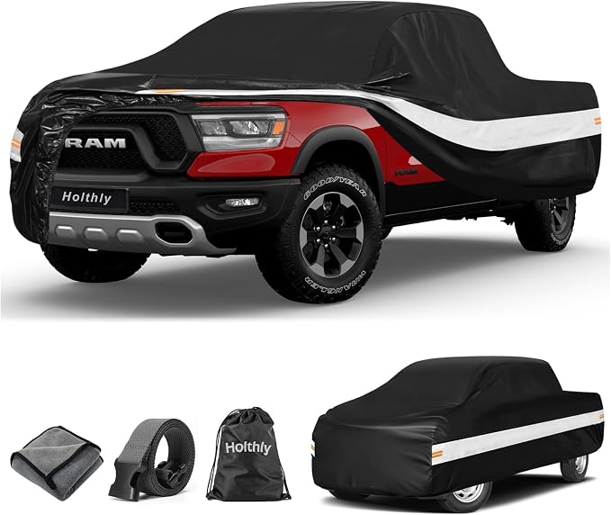 10 Layers Truck Cover Waterproof All Weather Custom Fit Dodge Ram 1500(2009-2026) Crew/Quad Cab Short Bed, Outdoor Full Exterior Pickup Car Cover Sun Rain Snow Ice Protection. Black