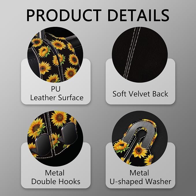 Blusabaca 2PCS Car Seat Back Storage Headrest Hooks, Sunflower Purse Holder Bags Hanger, PU Leather Double Metal Hook for Backseat Organizer, Women Car Accessories Organization