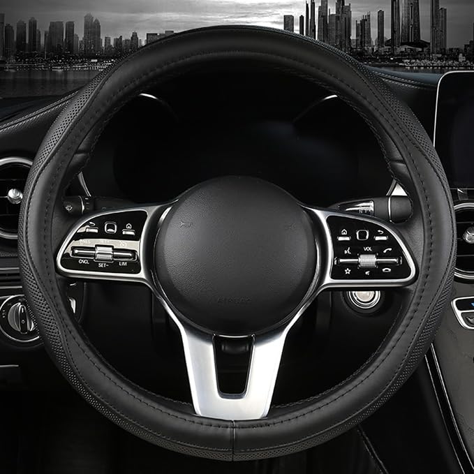 Genuine Leather Steering Wheel Cover, Real Cowhide for 14.5-16 Inch Steering Wheels, Universal Fit for Cars and Trucks (Black, 16inch)