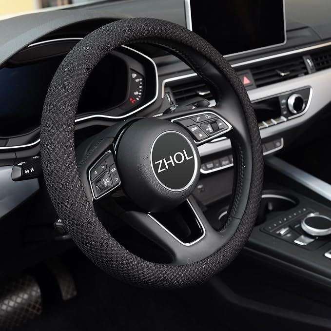 ZHOL Steering Wheel Cover Universal 15 inch Microfiber Breathable Ice Silk Steering Wheel Covers Anti-Slip Car Interior Accessories for Women Men, Warm in Winter and Cool in Summer, Black