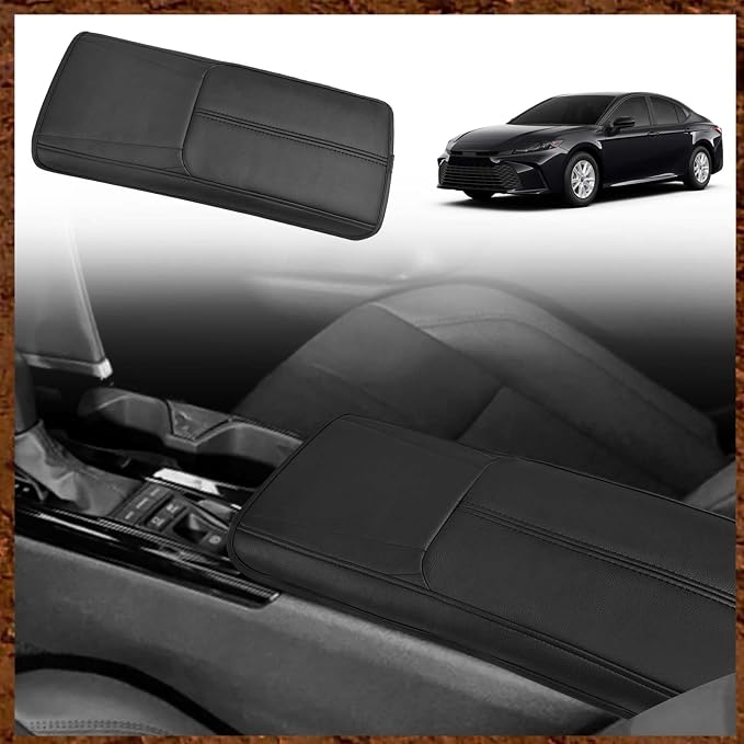 Muslogy Center Console Armrest Cover Fit for Toyota Camry 2025 2026 Accessories, Comfort Armrest Pad Console Lid Cushion Vegan Leather Regular Thick(Black/Black Trim)