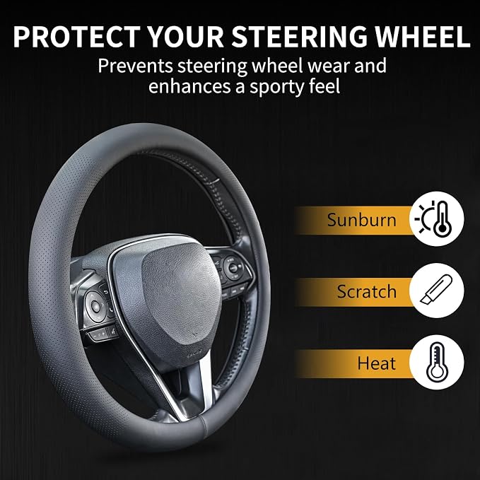 Uxcer Nappa Leather Steering Wheel Cover, Universal 14.5–15 Inch Non-Slip Breathable Steering Wheel Cover for Cars, Black
