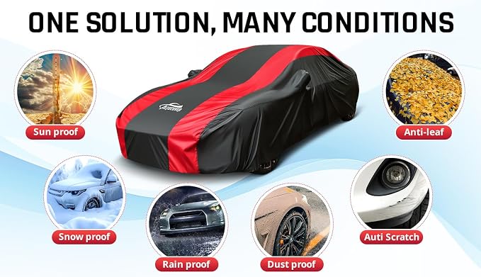 Car Cover Waterproof All Weather Protection with Red Stripe Design, Universal Fit Toyota Camry Solara, Ford Fusion, Kia Stinger Optima, Nissan Maxima, VW Passat, Subaru Legcy